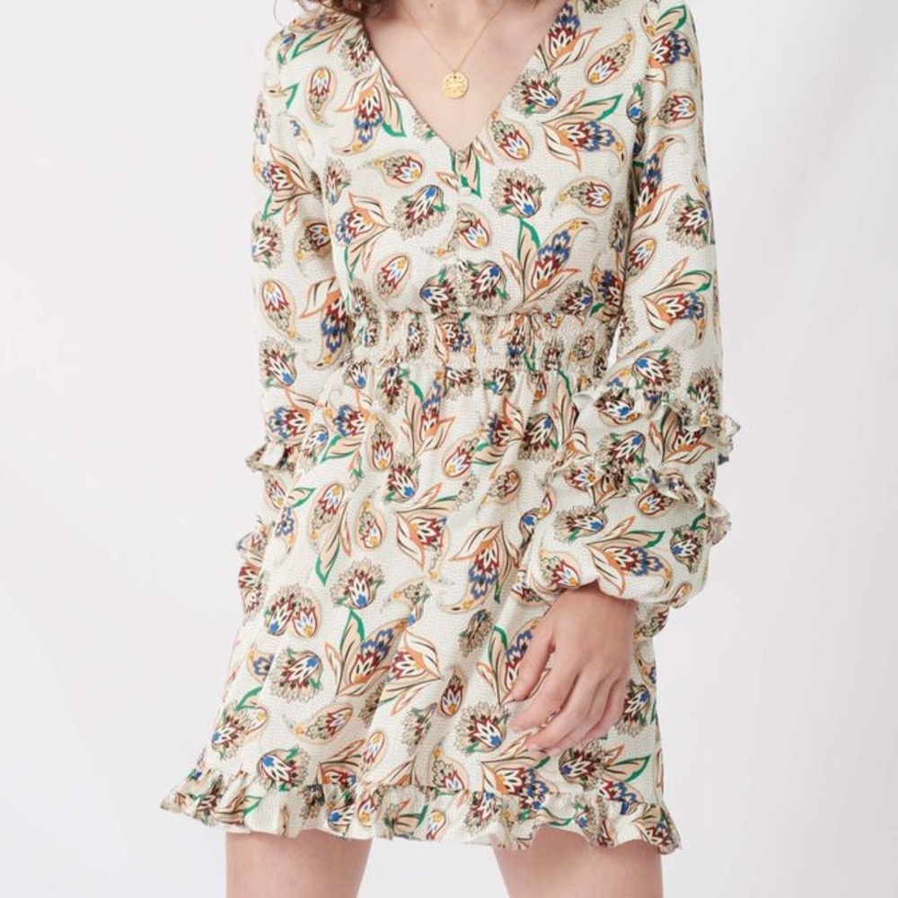 Maje Printed Silk Dress with Ruffles